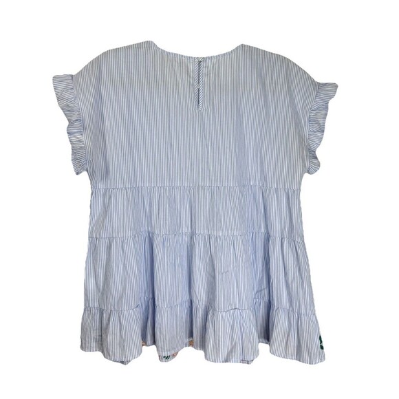 Savanna Jane Embroidered Top Womens Medium Blue Stripe Peplum Flutter Sleeve - Picture 2 of 7